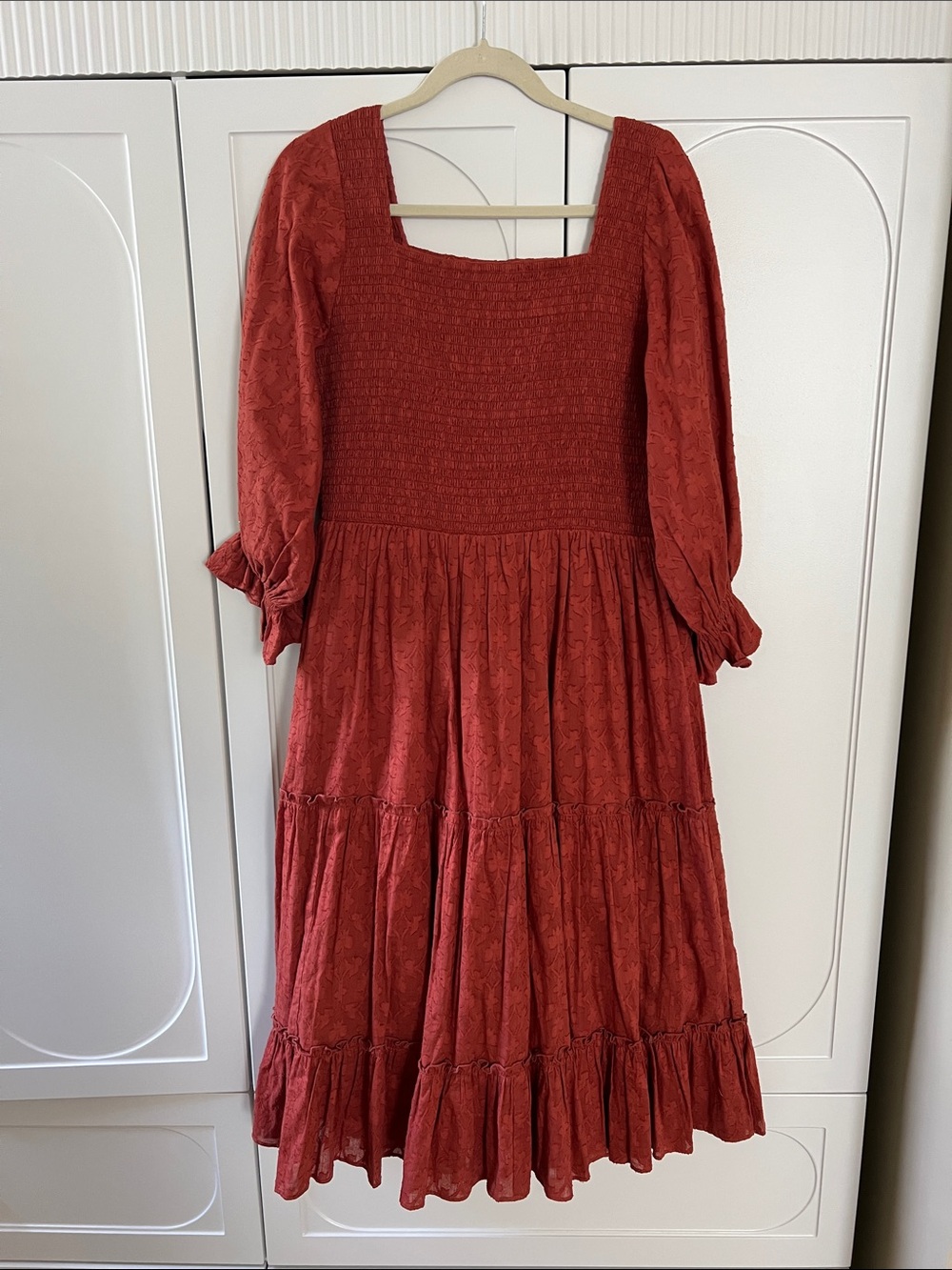 JessaKae Rust Red Smocked Tiered Midi Dress with Puff Sleeves